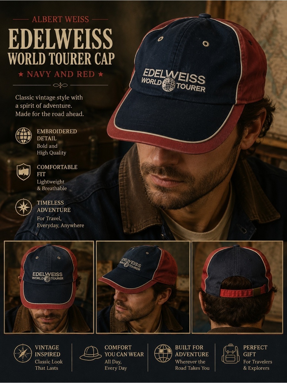 Edelweiss World Tourer Cap - Navy and Red